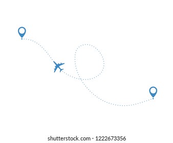 Airplane travel concept. Plane with destinations points and route line. Vector silhouette illustration  
