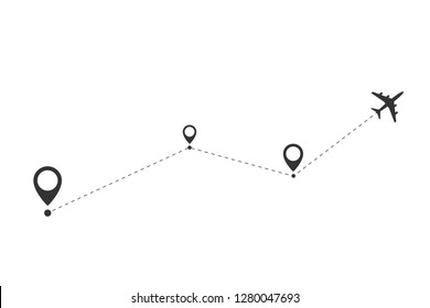 Airplane travel concept. Plane with destinations points and dash route line. Vector silhouette illustration