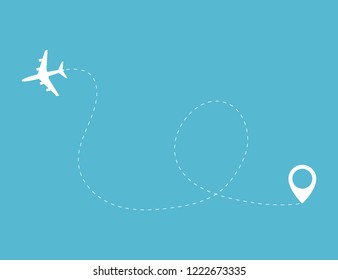 Airplane travel concept. Plane with start point and route line. Vector silhouette illustration  on blue background.