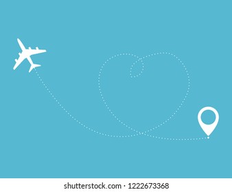 Airplane travel concept. Plane with start point and route line. Vector silhouette illustration  