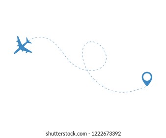 Airplane travel concept. Plane with start point and route line on white background. Vector silhouette illustration  