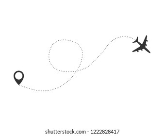 Airplane travel concept. Plane with start  point and route dash line on white background. Vector
