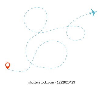 Airplane travel concept. Plane with start and destination points and route dash line on white background. Vector silhouette illustration  