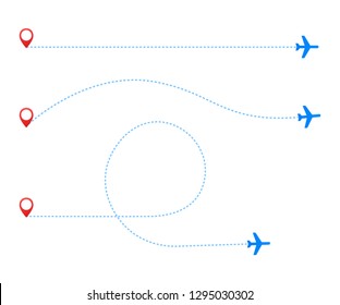 Airplane travel concept. Plane with start point and route dash line on white background. Vector stock illustration.