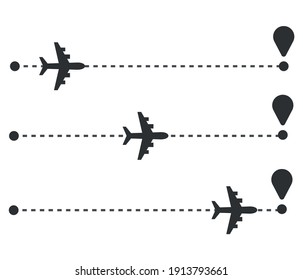 Airplane travel concept. Plane with start point and route dash line. Flight vector illustration.