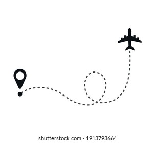 Airplane travel concept. Plane with start point and route dash line. Flight vector illustration.