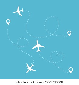Airplane travel concept. Set of Planes with start and destination points and route line. Vector silhouette illustration  