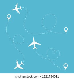 Airplane travel concept. Set of Planes with start and destination points and route line. Vector silhouette illustration  on blue background.