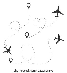 Airplane travel concept. Set of Planes with start points and dash route line. Vector silhouette illustration 