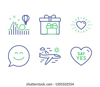 Airplane travel, Delivery boxes and Roller coaster line icons set. Heart, Smile chat and Say yes signs. Trip flight, Birthday gifts, Attraction park. Love. Holidays set. Vector