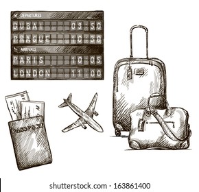 Airplane Travel Doodles. Hand Drawn. Vector Illustration.