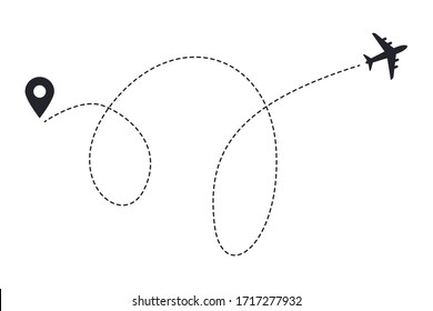 Airplane travel Flight start point concept or theme with map pins. GPS Aircrafts and map pointer symbols vector illustration.