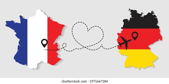 Airplane travel from France to Germany concept. Flags symbol on maps in vector