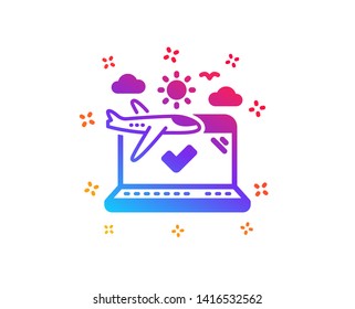 Airplane travel icon. Check in trip sign. Holidays flight transport symbol. Dynamic shapes. Gradient design airplane travel icon. Classic style. Vector