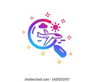 Airplane travel icon. Search trip flight sign. Holidays symbol. Dynamic shapes. Gradient design search flight icon. Classic style. Vector
