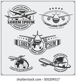 Airplane travel labels, emblems, badges and design elements. Vintage style.