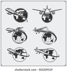 Airplane travel labels, emblems, badges and design elements. Vintage style.