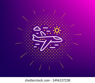 Airplane travel line icon. Halftone pattern. Trip flight sign. Holidays symbol. Gradient background. Airplane travel line icon. Yellow halftone pattern. Vector