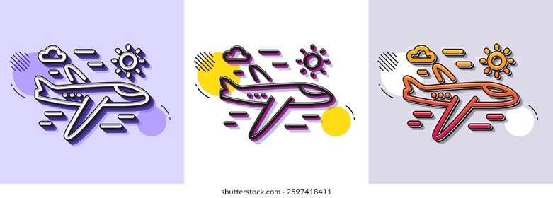 Airplane travel line icon. Halftone dotted pattern. Gradient icon with grain shadow. Trip flight sign. Holidays symbol. Line airplane travel icon. Various designs. Vector
