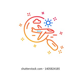 Airplane travel line icon. Search trip flight sign. Holidays symbol. Gradient design elements. Linear search flight icon. Random shapes. Vector