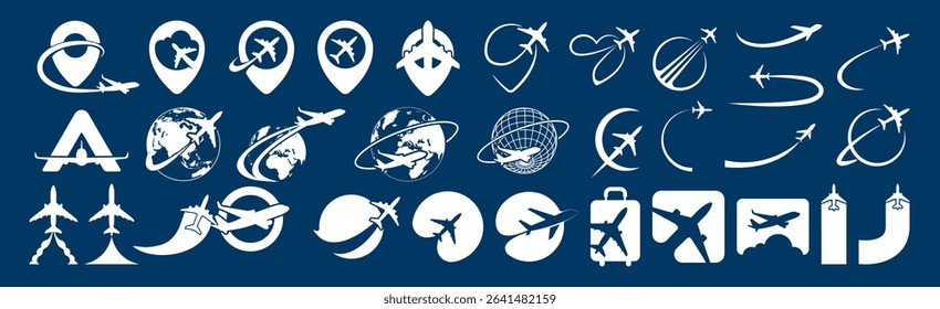 Airplane Travel Logo Icon Set. Modern Flight, Pin, Globe and Route Symbols on Transparent Background. 
