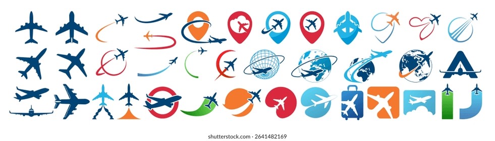 Airplane Travel Logo Icon Set. Modern Flight, Pin, Globe and Route Symbols on Transparent Background. 