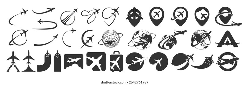 Airplane Travel Logo Icon Set. Modern Flight, Pin, Globe and Route Symbols on Transparent Background. 