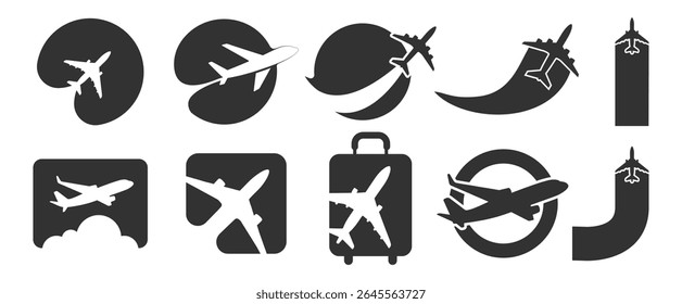 Airplane Travel Logo Icon Set. Modern Flight, Pin, Globe and Route Symbols on Transparent Background. 