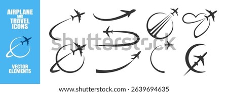 Airplane Travel Logo Icon Set. Modern Flight, Pin, Globe and Route Symbols on Transparent Background. 