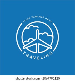 Airplane Travel Logo Line Art Vector Illustration Template Icon Graphic Design. Plane In The Sky With Cloud Symbol  With Circle Badge And Typography Style