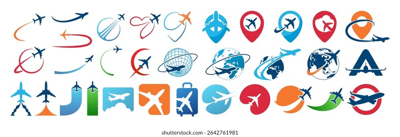 Airplane travel Logo. Travel, tourism agency logo design, icons and symbol. Silhouette of flying plane. Template for logo, emblem on Transparent Background. 