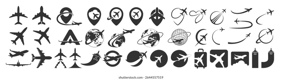 Airplane travel Logo. Travel, tourism agency logo design, icons and symbol. Silhouette of flying plane. Template for logo, emblem on Transparent Background. 