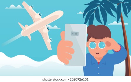 Airplane travel, man makes selfie on background clouds and airplane. Concept summer vacations and travel.