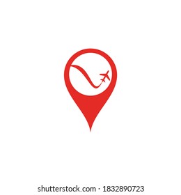 Logotipo del concepto de la forma del pasador del mapa de viajes y avión. Plantilla de vectores de iconos y símbolos.
