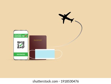 Airplane travel in new normal and covid-19 pandemic. Illustration of airplane silhouette, passport, digital vaccine passport identification of covid-19 vaccination on mobile phone and face mask. 