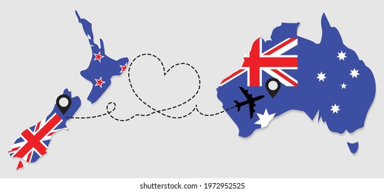 Airplane travel from New Zealand to Australia concept. Flags symbol on maps in vector