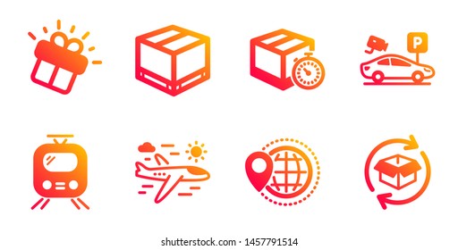 Airplane travel, Parking security and World travel line icons set. Gift, Delivery timer and Train signs. Delivery box, Return parcel symbols. Trip flight, Video camera. Transportation set. Vector