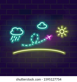 Airplane travel path from rainy clouds to sunshine and beaches. Neon vacation poster, post image, advertisement. Square line art fluorescent vector illustration.