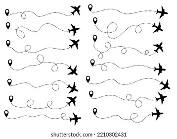 Airplane travel path set vector illustration isolated on white