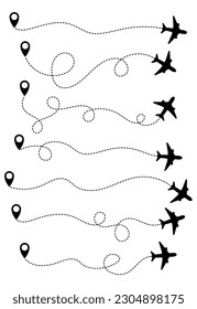 Airplane travel path set vector illustration isolated on white
