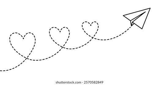 Airplane travel route line. Paper aeroplane. Travel symbol, concept of romantic journey, valentine's day. Dashed flight trace