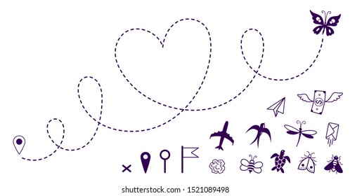 Airplane travel route line. Travel symbol, concept of romantic journey, valentine's day or business goals, launching startup. Set of dashed flight trace and icons of flying objects. Isolated on white