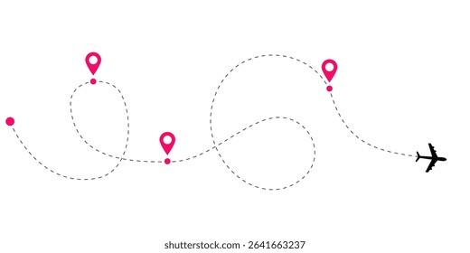 Airplane travel routes with dotted and dashed lines showing aircraft tracking trails and global flight paths for aviation navigation maps and airline journey concept illustrations