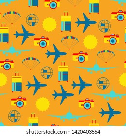 Airplane travel seamless pattern on orange background