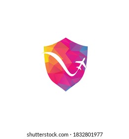 Airplane & Travel shield shape concept Logo. Icon & Symbol Vector Template.