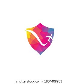 Airplane & Travel shield shape concept Logo. Icon & Symbol Vector Template.