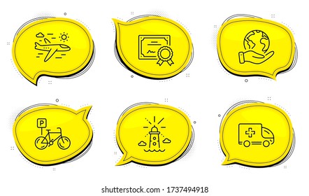 Airplane travel sign. Diploma certificate, save planet chat bubbles. Ambulance emergency, Lighthouse and Bicycle parking line icons set. Medical transport, Navigation beacon, Bike park. Vector