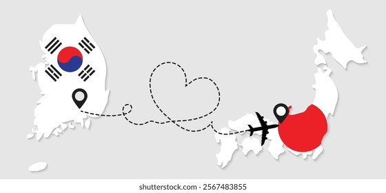 Airplane travel from South Korea to Japan concept. Flags symbol on maps in vector format