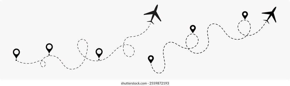 airplane travel straight and dotted path and location pin icon