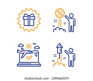 Airplane travel, Surprise gift and Discount icons simple set. Fireworks sign. Check in, Shopping offer, Sale shopping. Party pyrotechnic. Holidays set. Linear airplane travel icon. Colorful design set